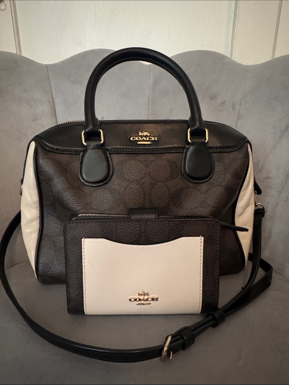 Coach Two-Tone Black and Cream Satchel with Detachable Strap
